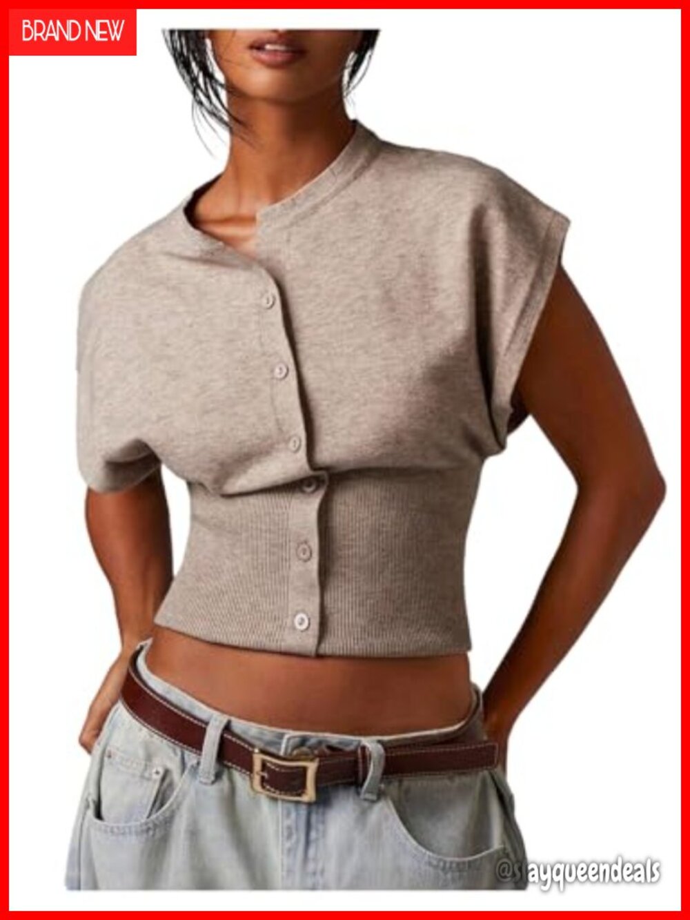 Cap Sleeve Button Up Knit Sweater Vest Crop Top Cinched Waist Crew Neck